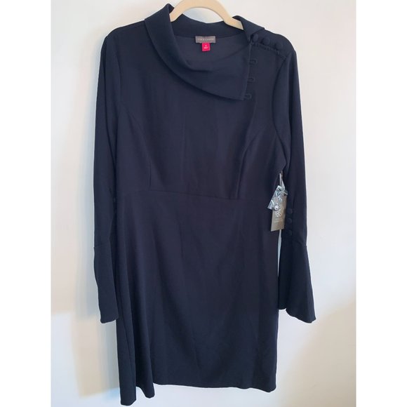 New Vince Camuto Dress Womens 12 Navy Buttoned Cowl Neck Flare Cuff Long Sleeve - Picture 1 of 11